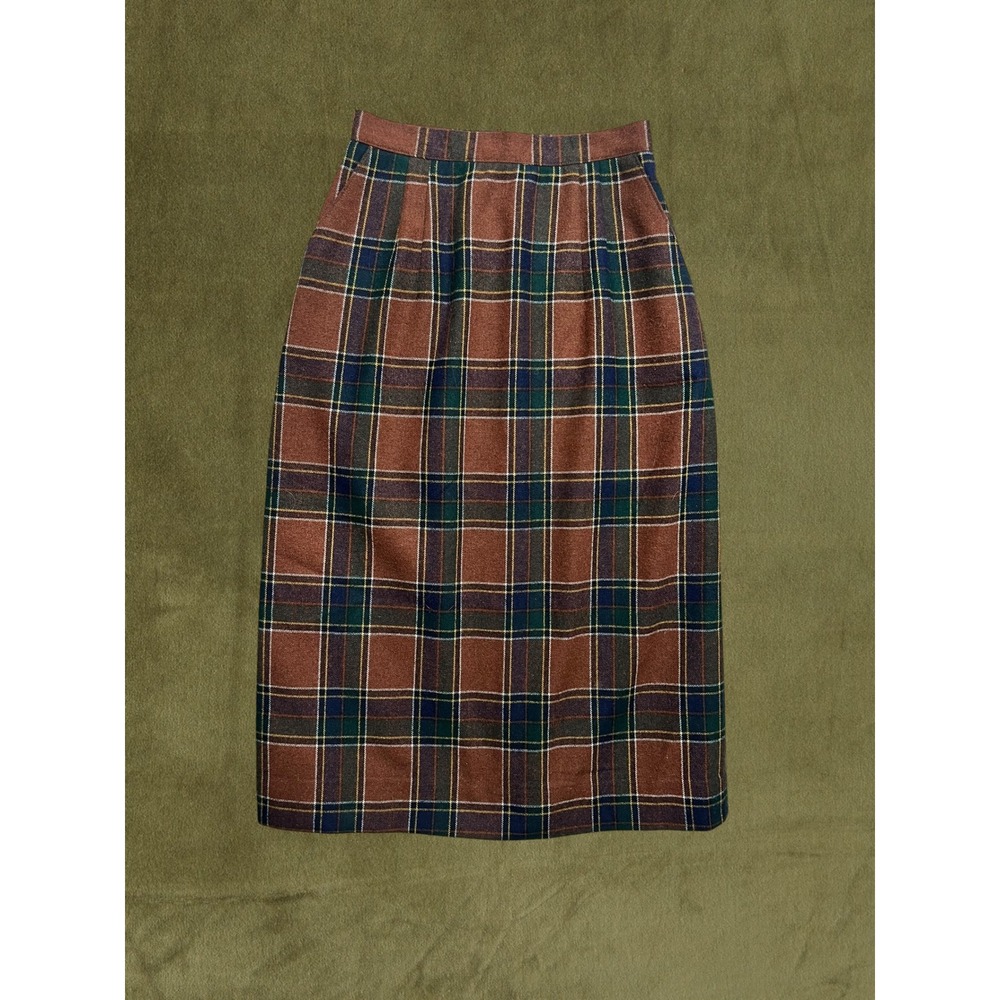 Vintage 80s Wool Plaid Pencil Skirt Rust Brown Green High Waist Midi Pockets 6